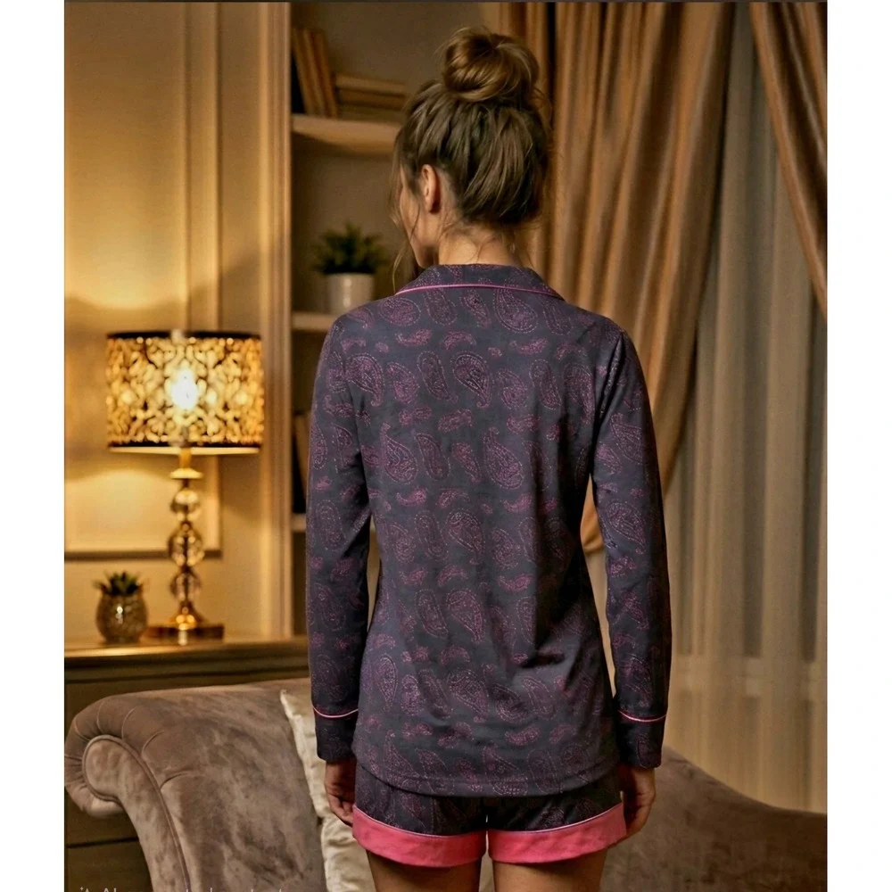 Cosabella Bella Pima Cotton Modal LS Top Boxer Short Set Printed Navy Paisley XS